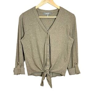 Marled Womens Button Up Tie Waist Shirt S Tan Beige Stretch Roll Tab Neutral